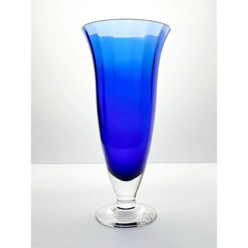 Contemporary Large Optic Footed Trumpet Flared Cobalt Blue Glass Vase 11”